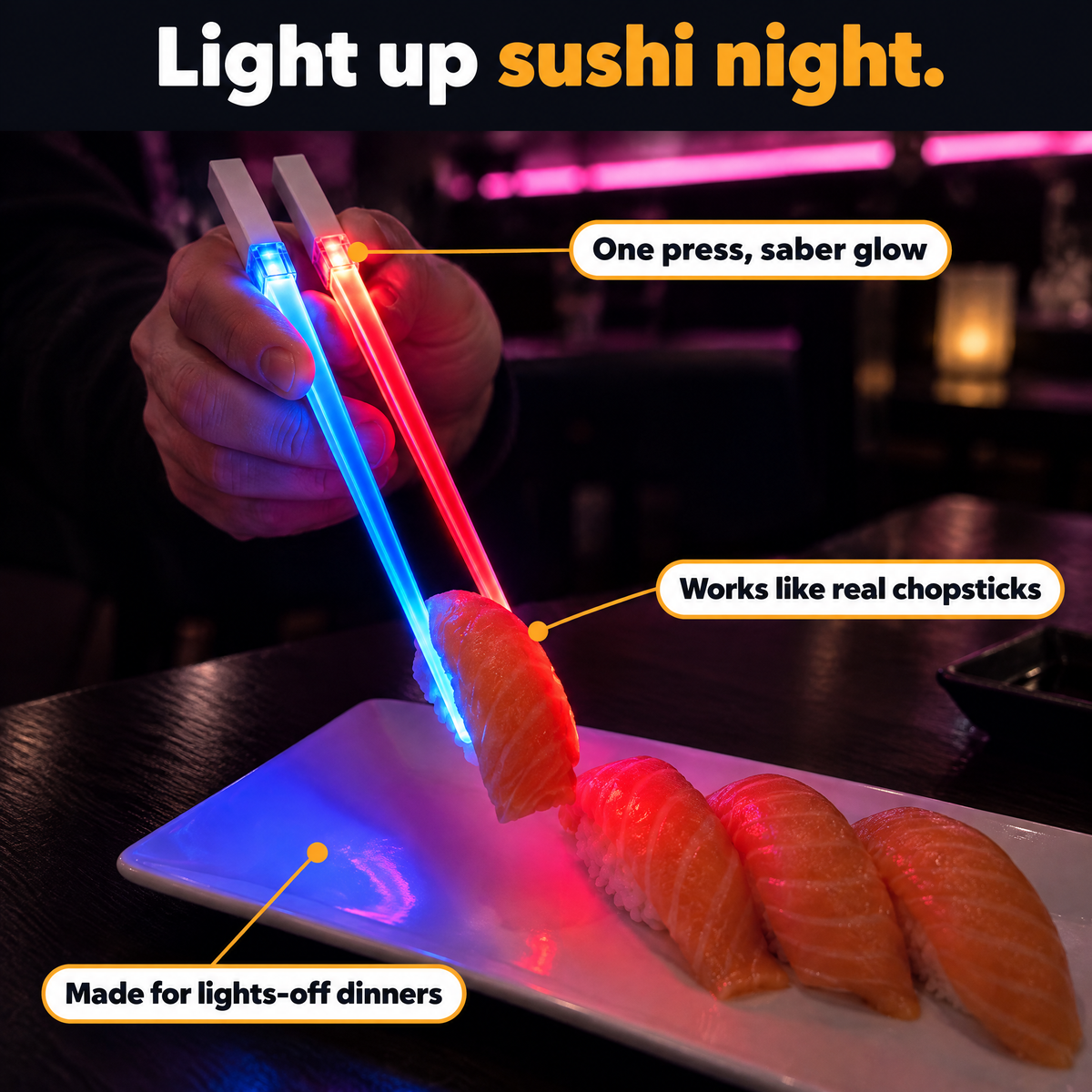 Kirabo light-up saber chopsticks picking up sushi at night